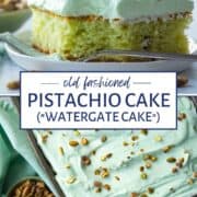 pistachio cake with pistachio frosting in a metal pan, with a slice on a white plate.