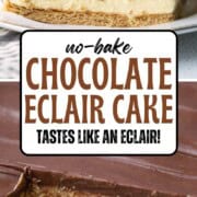 slice of eclair cake with layers of vanilla pudding and graham crackers, topped with a chocolate frosting.