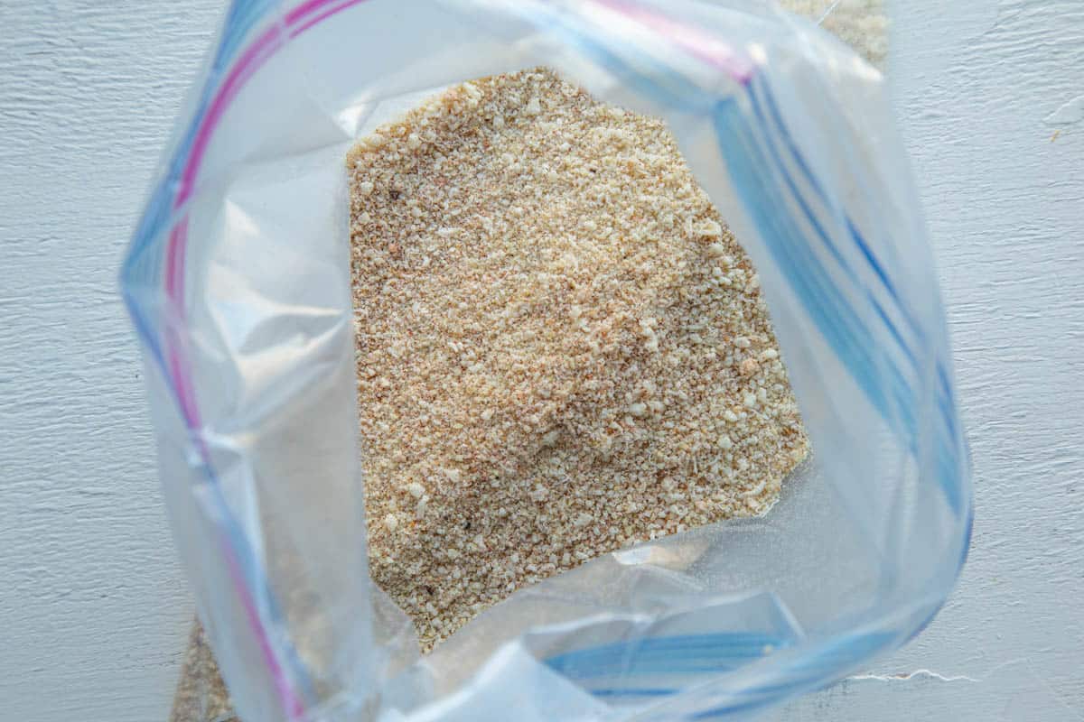 plastic bag with a breadcrumb mixture inside.
