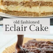 layered eclair cake with chocolate frosting.