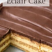 layered eclair cake with chocolate frosting.