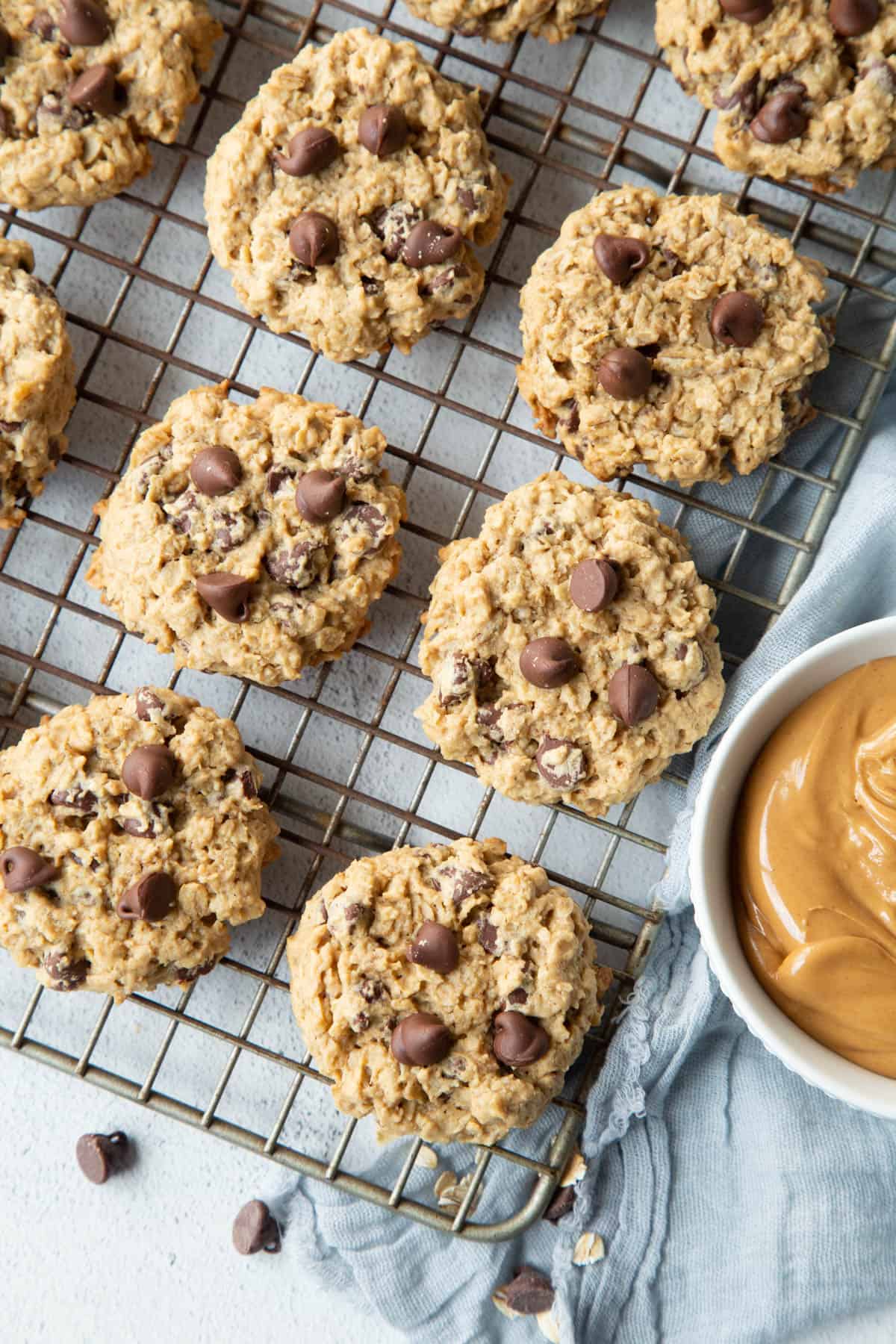 peanut butter oatmeal cookies with chocolate chips on a wire rack next to a small dish of peanut butter.