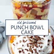 punch bowl cake in a glass dish, topped with whipped cream and chopped pecans.