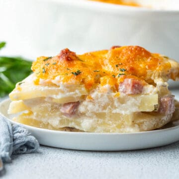 scalloped potatoes and ham topped with cheese on a small white plate.