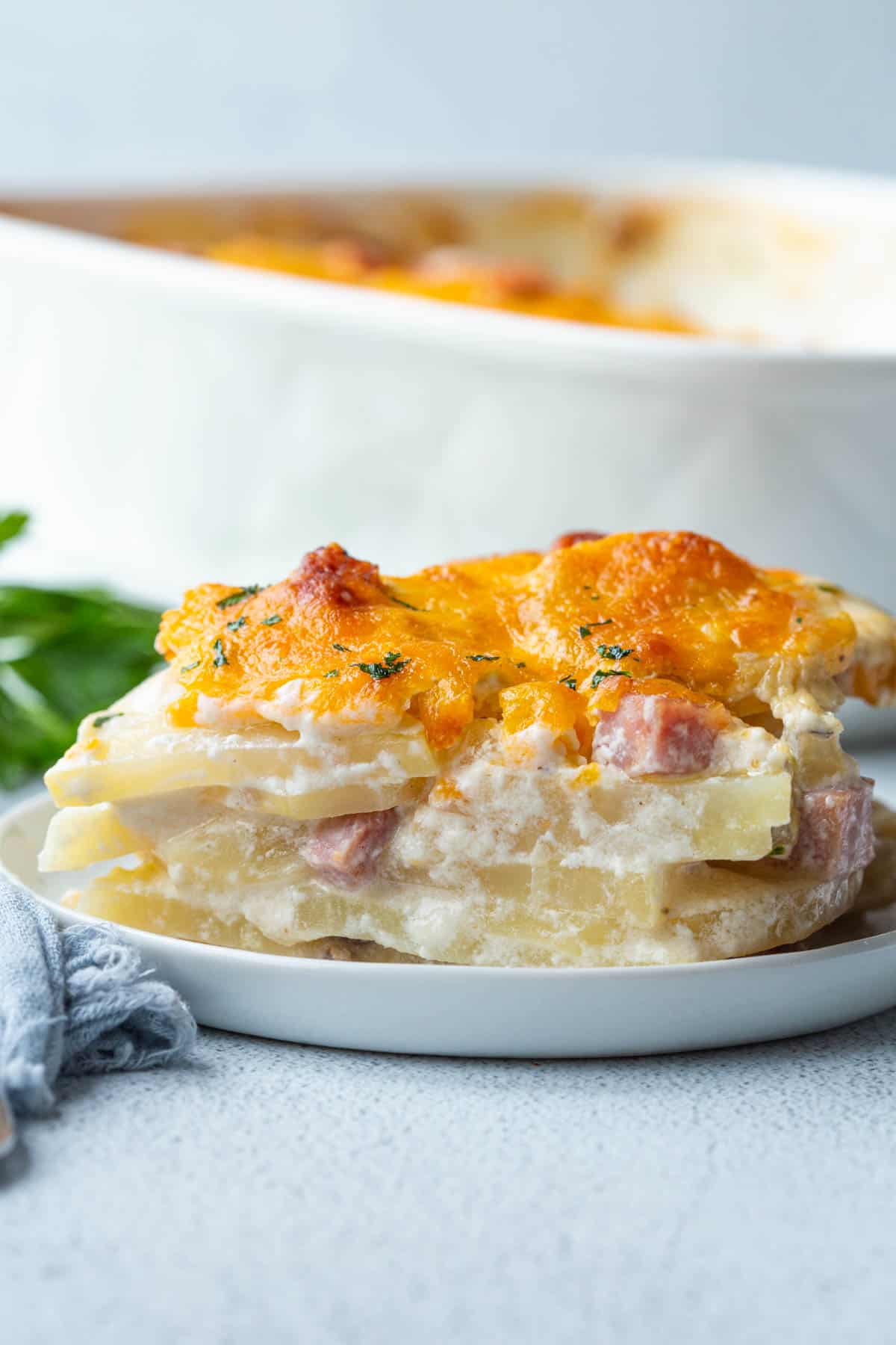 slide of scalloped potatoes topped with cheese on a white plate, next to a white casserole dish.