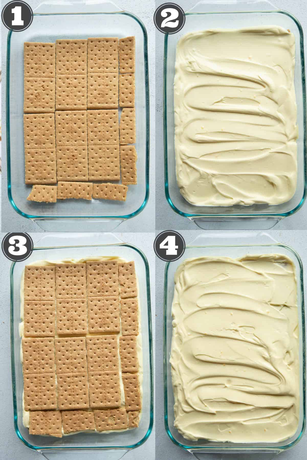 four steps to making eclair cake, showing various stages of the cake with graham crackers and vanilla pudding.