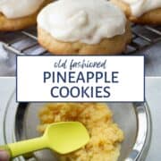a yellow spatula pushing on a colander full of crushed pineapple; another photo of pineapple cookies on a wire rack.