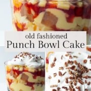 punch bowl cake topped with whipped cream and pecans.