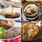 four photos of cube steak recipes including with gravy, smothered in onions, and fried with white gravy.