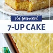 slice of 7up cake and a whole 7up cake next to a can of 7up.