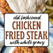 breaded cube steak on a plate, both plain and topped with white gravy.