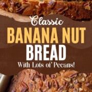 slices of banana bread topped with chopped pecans, and a whole loaf of the banana bread, also topped with pecans.
