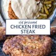 chicken fried steak on a wire rack, and also on a plate topped with white gravy.