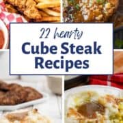 four images of cube steaks with brown gravy, and one cut into strips and fried.