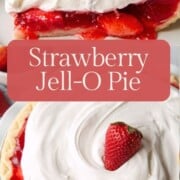 strawberry pie with gelatin, both whole and sliced.