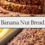 a whole loaf and three slices of banana nut bread.