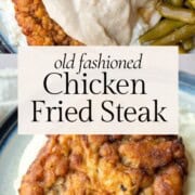 chicken fried steak topped with white gravy over mashed potatoes.