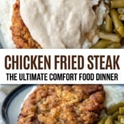breaded cube steak on a plate, both plain and topped with white gravy.