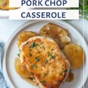 pork chop and potatoes in a brown gravy on a white plate, next to a casserole dish filled with pork chop casserole.