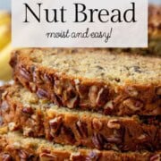 three slices of banana bread stacked.