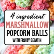 red, orange, green, and blue popcorn balls lined up on a tray and stacked on a plate.