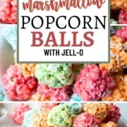 red, green, blue, and orange popcorn balls stacked in a pile.