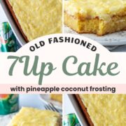 whole and sliced 7up cake slices with a pineapple coconut frosting.