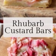 rhubarb custard bars on a wooden board.