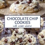 cream cheese chocolate chip cookies on brown parchment and on top of a wire rack.