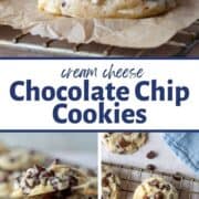 cream cheese chocolate chip cookies displayed on parchment paper, on a wire rack, and stacked up on top of each other.