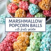 colorful marshmallow popcorn balls in a bowl and lined up on a sheet pan.