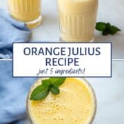 orange julius drink in a decorative glass garnished with mint.