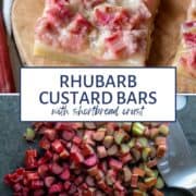 chopped rhubarb on a black cutting board and a rhubarb bar on a wooden serving board.