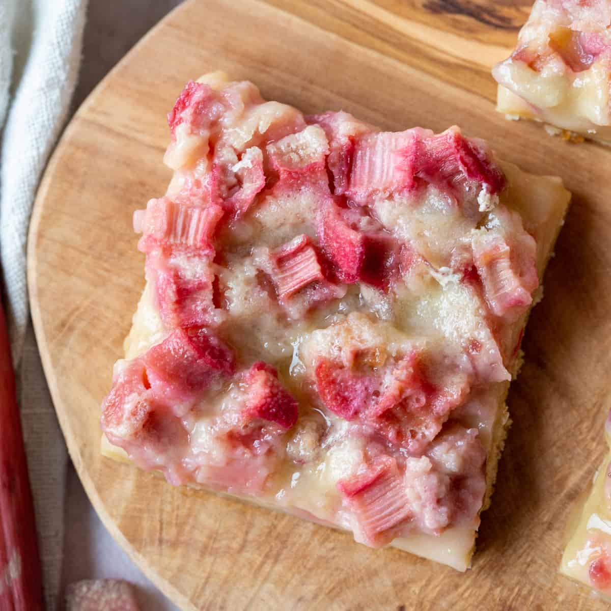 rhubarb bar on a wooden board.