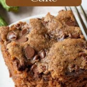slice of chocolate zucchini cake with chocolate chips on top.