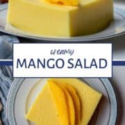 square slice of creamy mango salad garnished with fresh mango slices on a white plate with a blue rim.