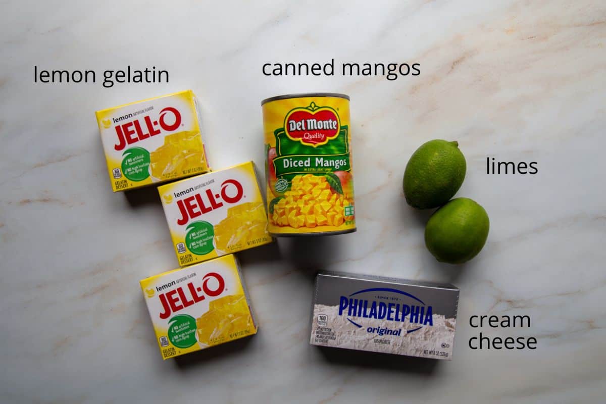 lemon jello, canned mangos, limes, and cream cheese.