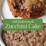 slice of chocolate zucchini cake topped with chocolate chips on a white plate.