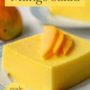 slice of mango gelatin salad with sliced mangos on top.