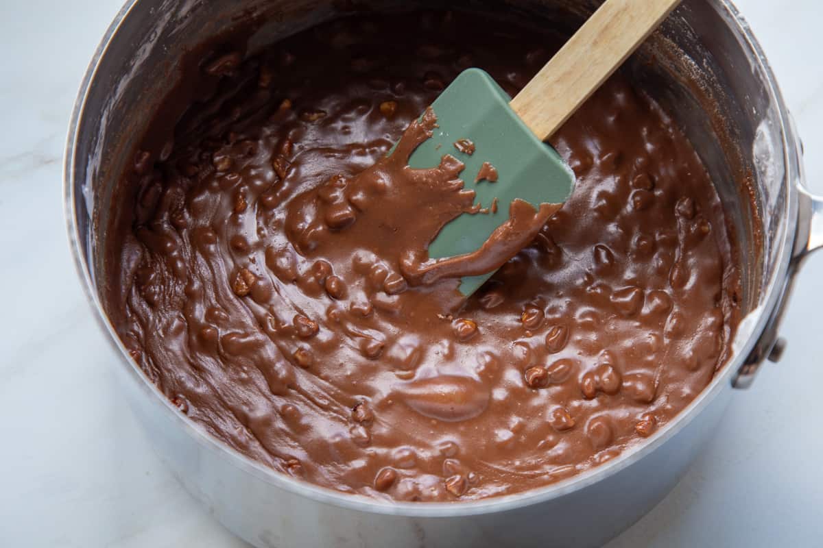 chocolate frosting in a saucepan with pecans. 