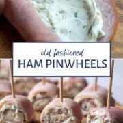ham pinwheels on a wooden board.