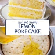 lemon poke cake slice on a white plate