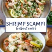 shrimp scampi in a skillet and in a low white bowl.
