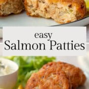 crispy salmon patties on a white plate.