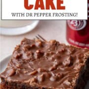 slice of chocolate sheet cake with chocolate and pecan frosting, next to a can of dr pepper.