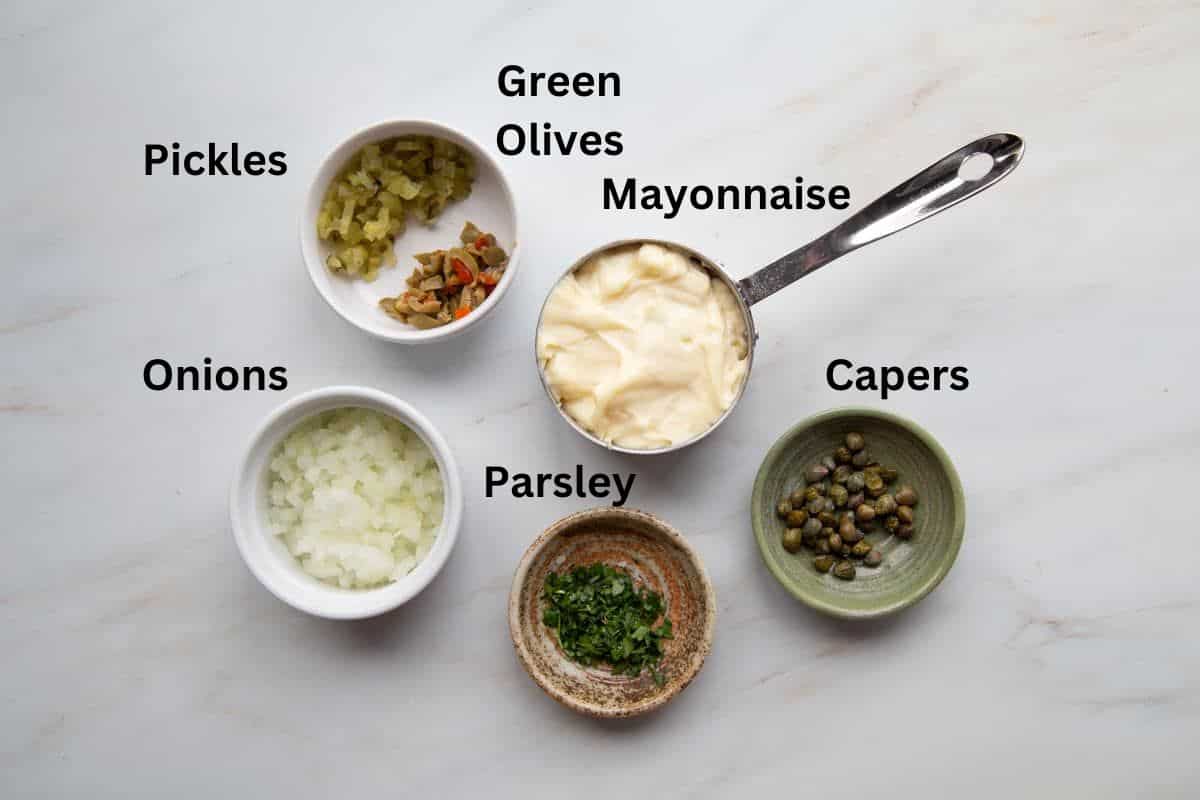 Top view of ingredients for Tartar Sauce with text.