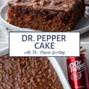 whole dr. pepper cake and slice of dr. pepper cake on a white plate.