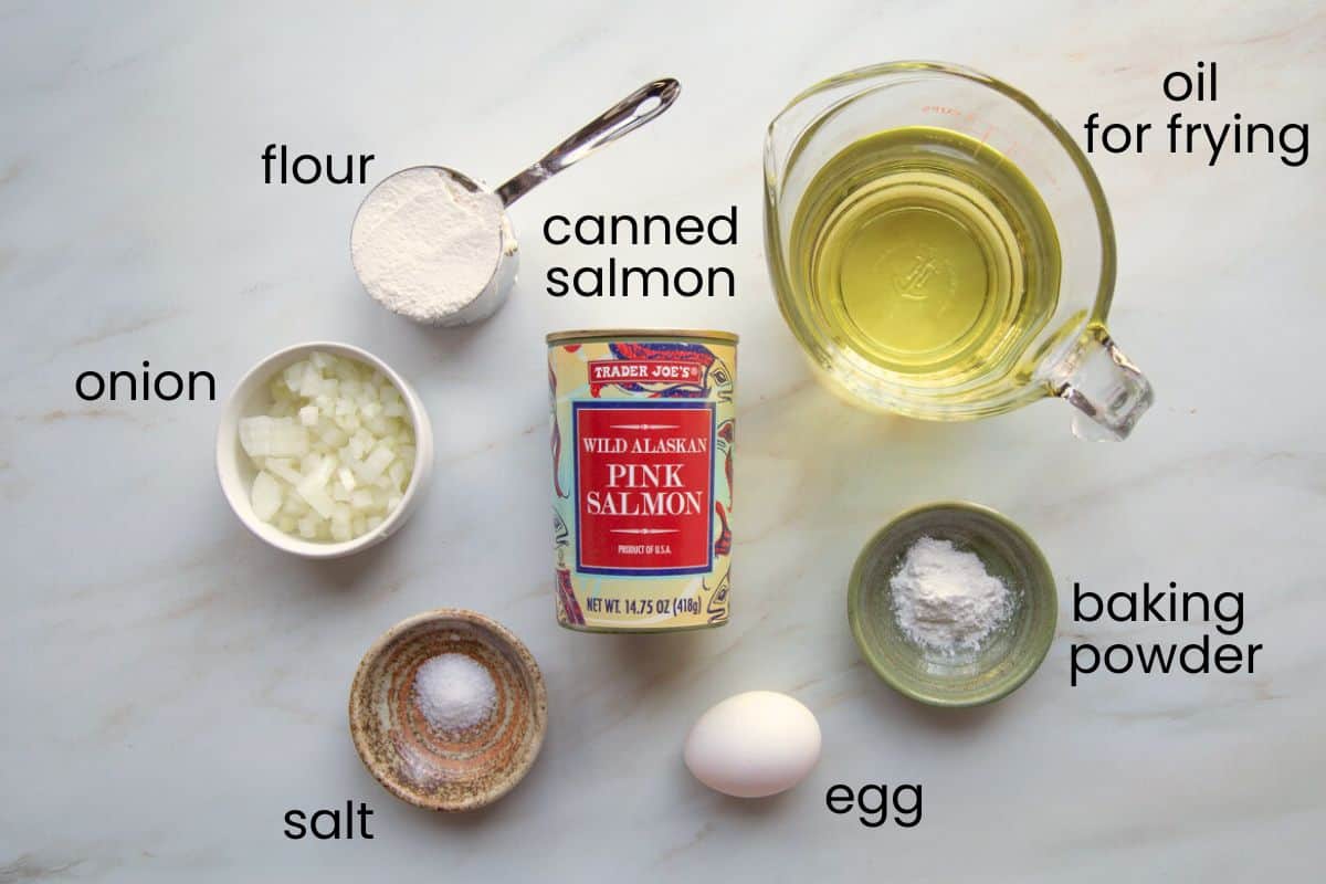 canned salmon, oil, onion, and other ingredients.
