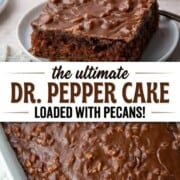chocolate cake with a chocolate icing with chopped pecans, next to a can of dr pepper.