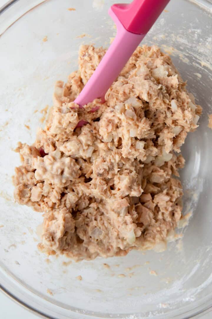 canned salmon and onion mixture in a bowl.